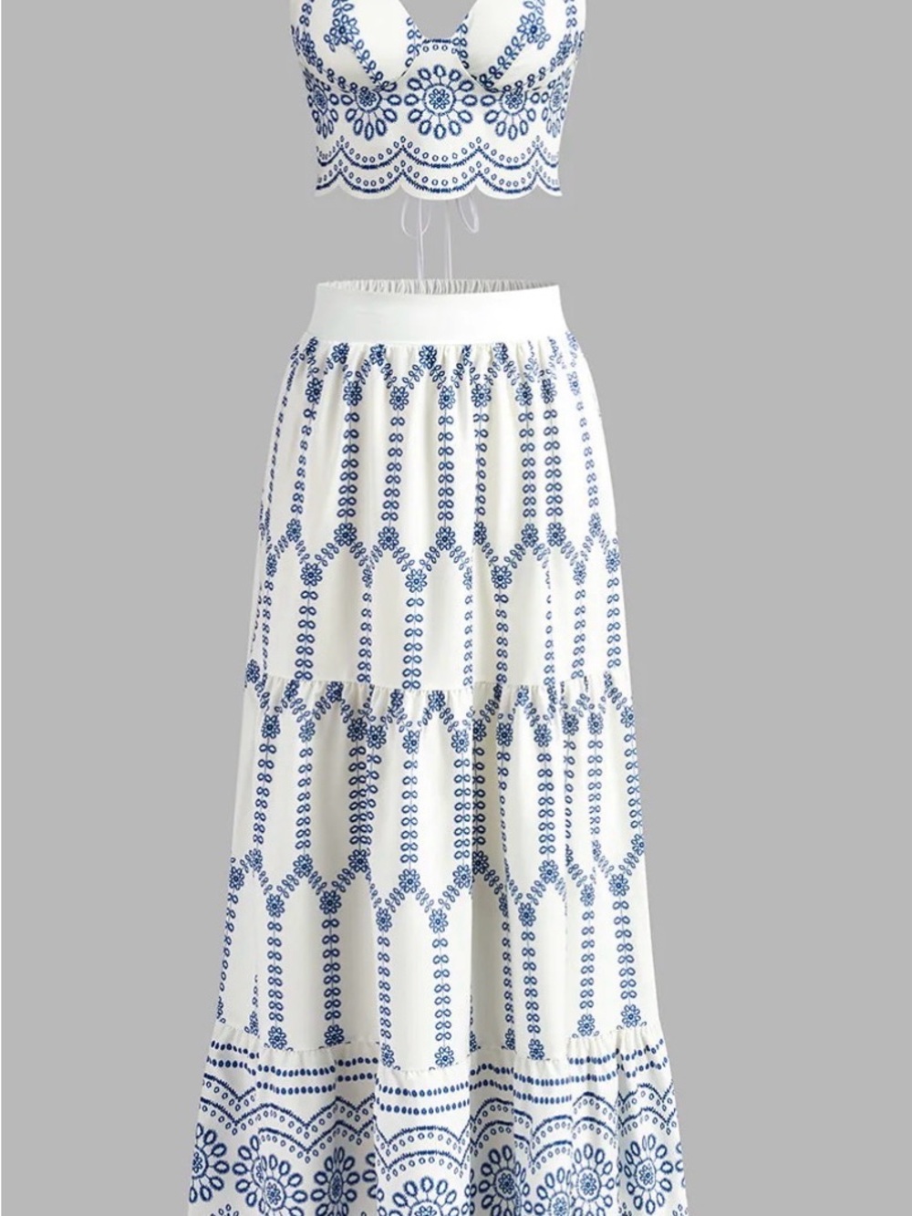 Commense White and Blue Embroidered Tiered Maxi Skirt
